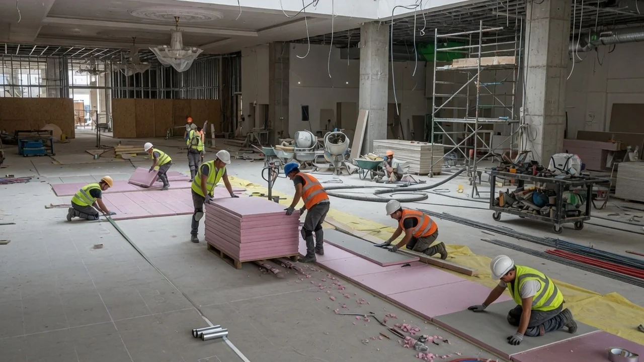 Workers preparing hotel slab insulation