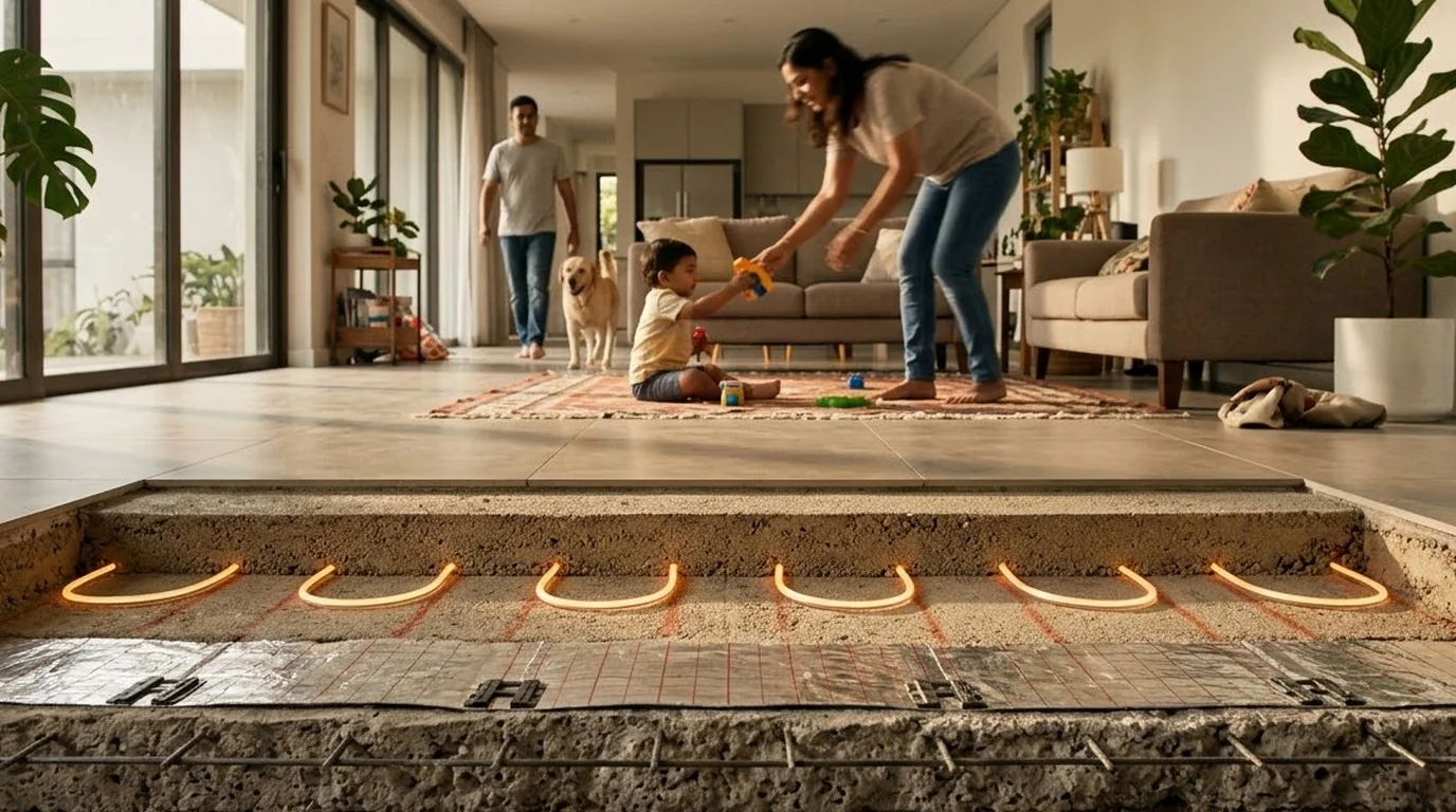 Cutaway showing heating cable under the finished floor
